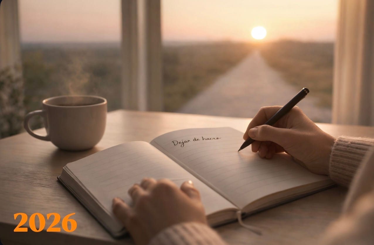 Persona escribiendo una lista de reflexión personal al final del año, simbolizando claridad y nuevos comienzos.